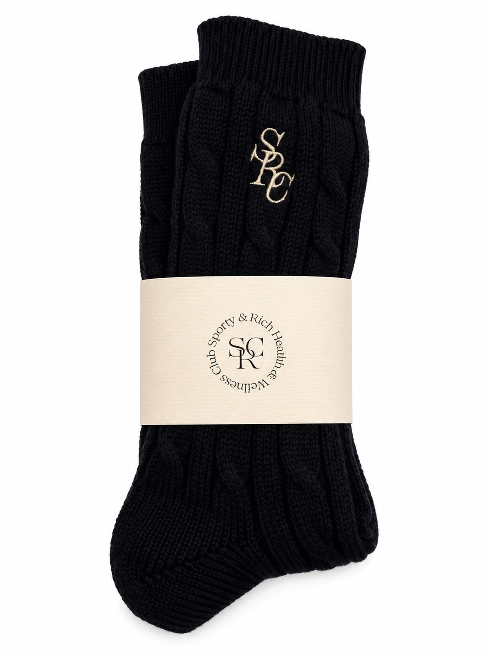 Sporty & Rich Black Cable-Knit Logo Socks